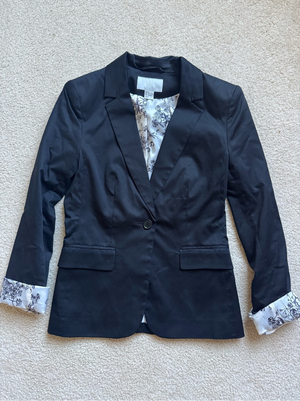 H&M Black Tailored One-Button Blazer Floral Lining Women's Blazer